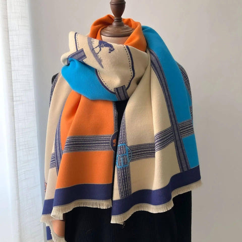 Color Blocking And Matching Cashmere Scarves For Women-Blue orange-5