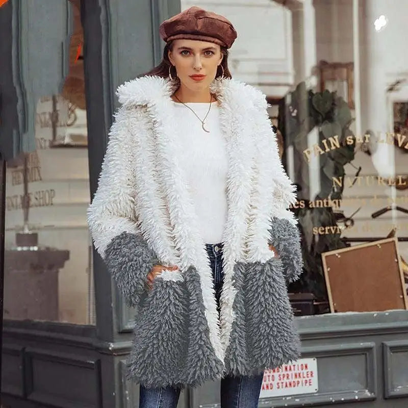 LOVEMI - Color contrast stitching casual fashion Plush coat for women