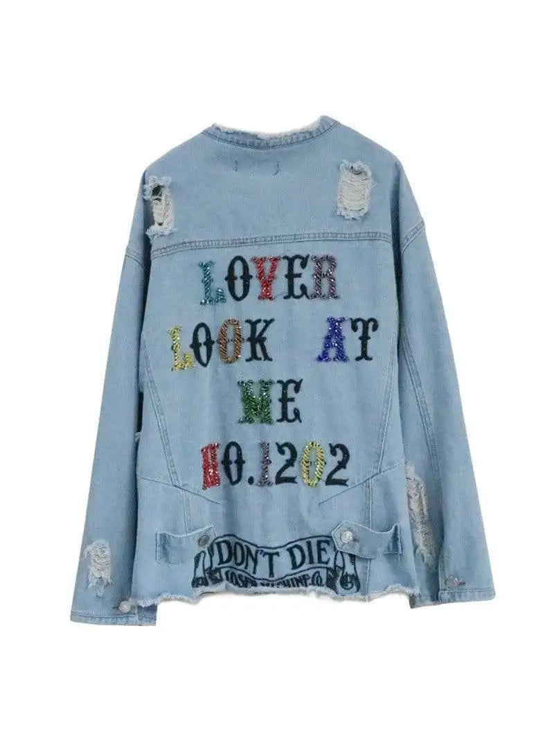 LOVEMI - Color Sequin Letters Frayed Holes Loose Denim Jacket