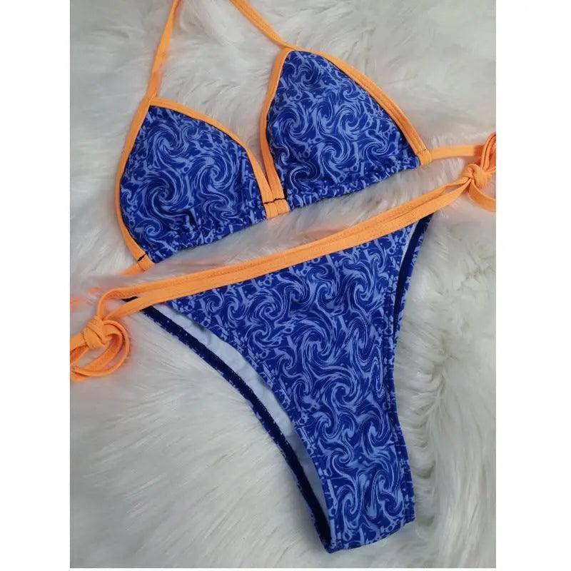 Color split swimsuit triangle bikini-Blue-3