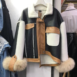 Colorblock Faux Fur Jacket With Fox Cuffs-2