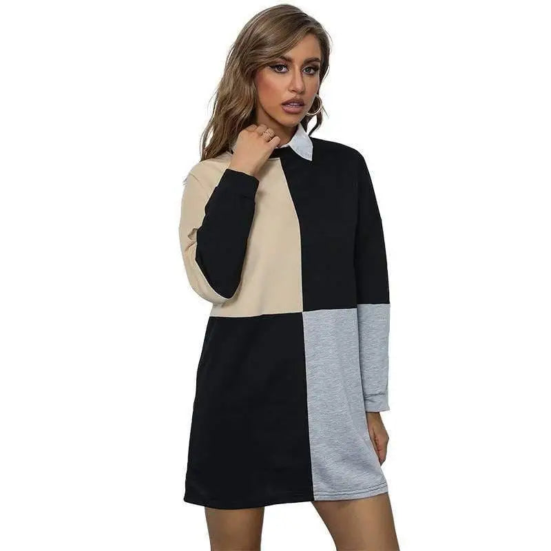 LOVEMI - Colorblock Round Neck Long Long Sleeve Sweater Dress