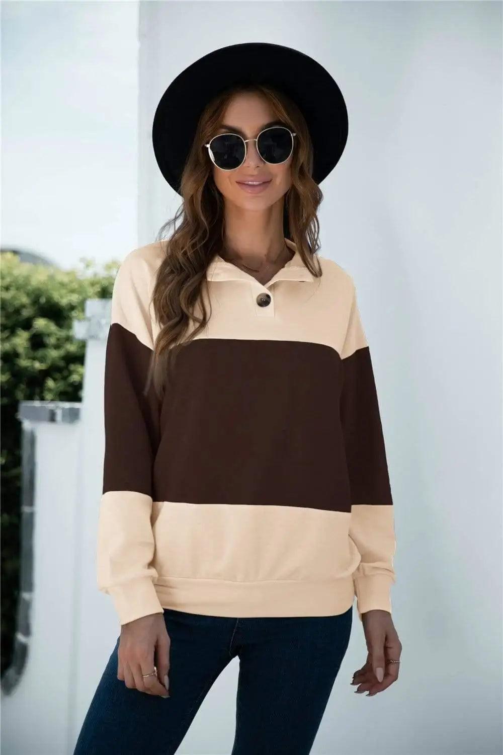 LOVEMI - Colorblock Stitching Button Long-sleeved Top