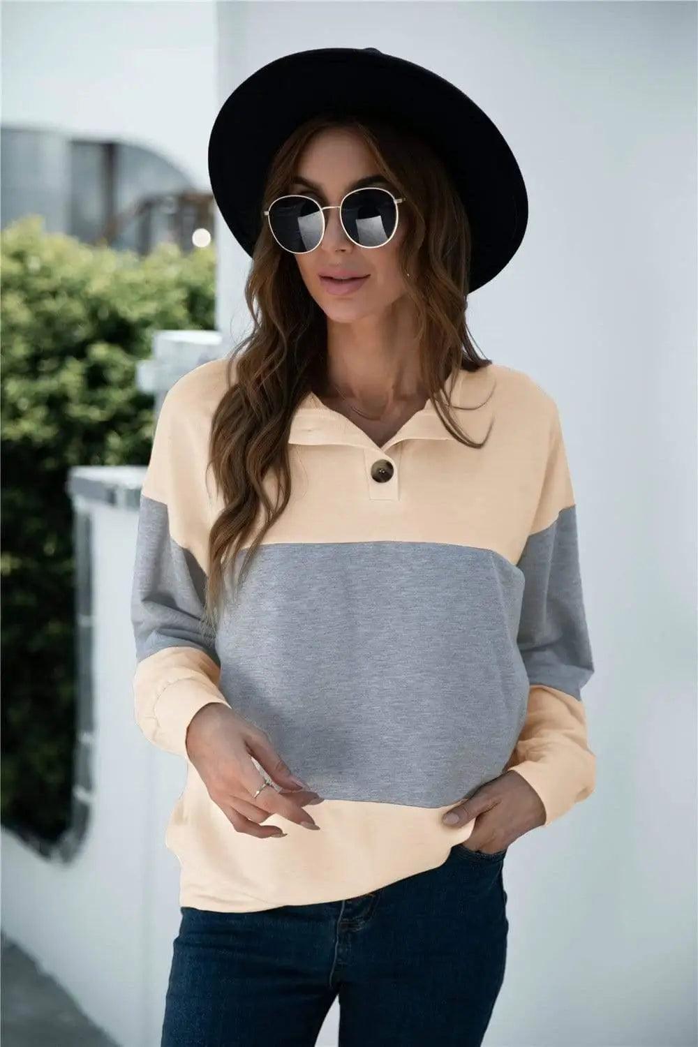 LOVEMI - Colorblock Stitching Button Long-sleeved Top
