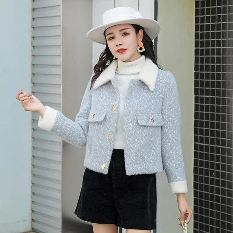 LOVEMI  Combi Blue / S Lovemi -  Korean Style Loose Little Woolen Coat