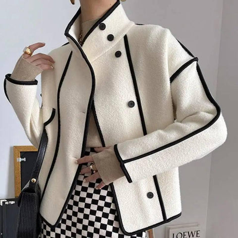 Contrasting Hem Stand Collar Cropped Coat-1