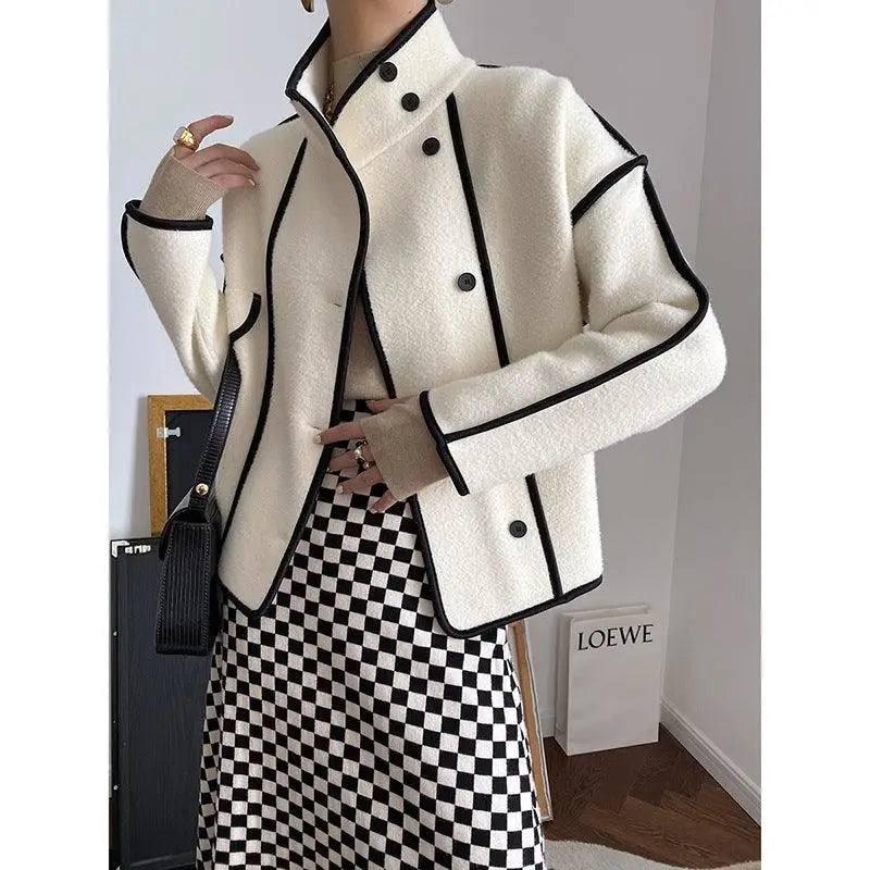 Contrasting Hem Stand Collar Cropped Coat-3