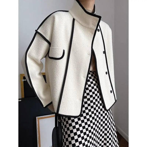 Contrasting Hem Stand Collar Cropped Coat-White-4