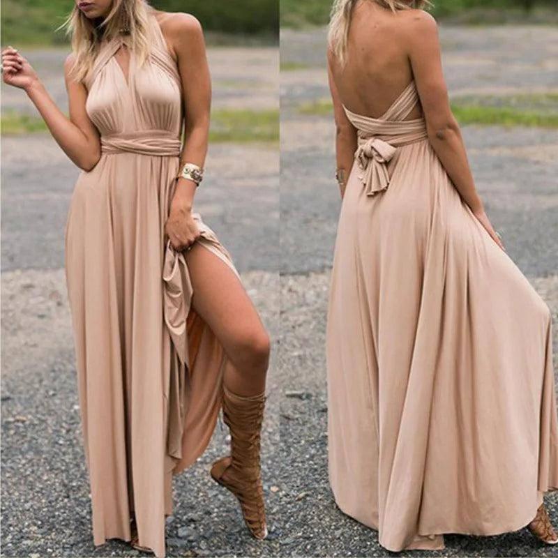 Convertible Wrap Maxi Dress - Sexy Red Boho Party Wear-Champagne-1