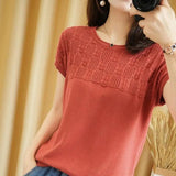 LOVEMI - Cotton And Linen Fashion Short-sleeved Sweater Tops Round