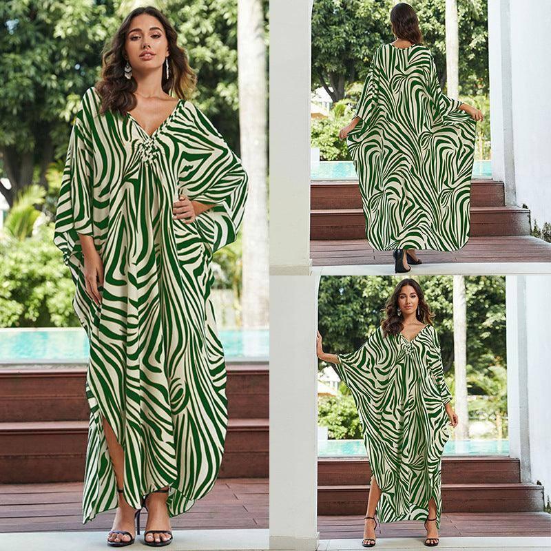 Cotton Beach Cover-up Vacation Sun Protection Long Dress-Green-12