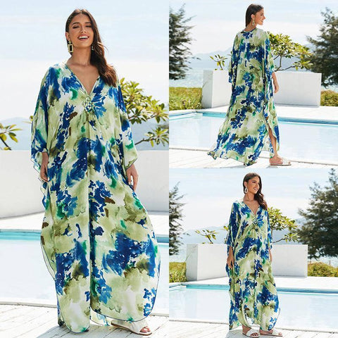 Cotton Beach Cover-up Vacation Sun Protection Long Dress-Blue-13
