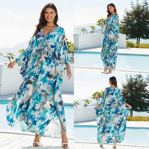 Cotton Beach Cover-up Vacation Sun Protection Long Dress-Gray-14