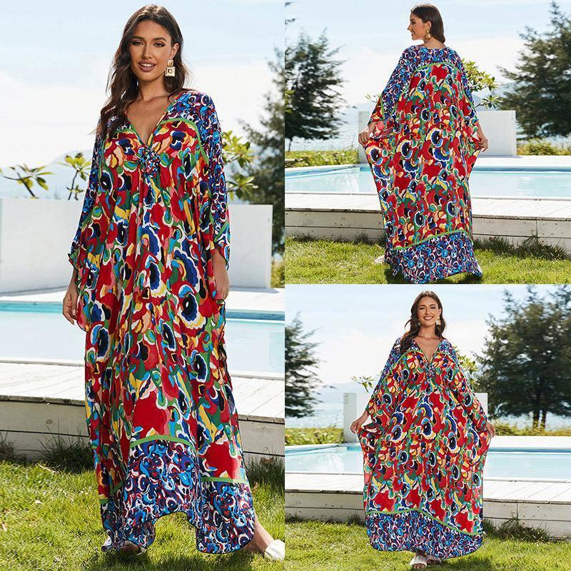 Cotton Beach Cover-up Vacation Sun Protection Long Dress-18