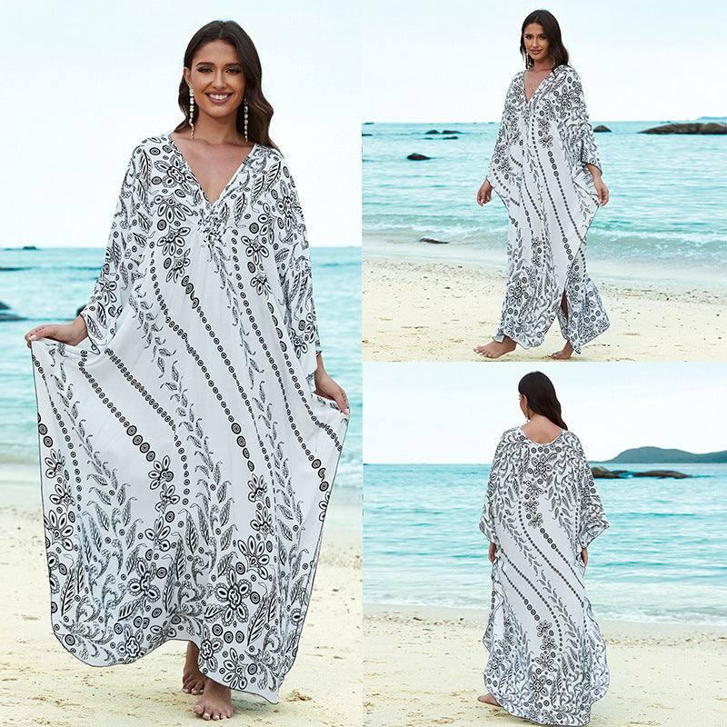 Cotton Beach Cover-up Vacation Sun Protection Long Dress-22