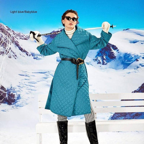 Cotton-padded Jacket Female Rhombus Plaid Loose-fitting-Light Blue-10