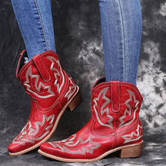 Cowboy Boots Women Embroidery Wedge Heel Shoes Western-Wine red-4