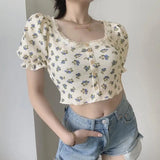 LOVEMI - Crop Top Single-breasted Short-sleeved Square Neck Lace