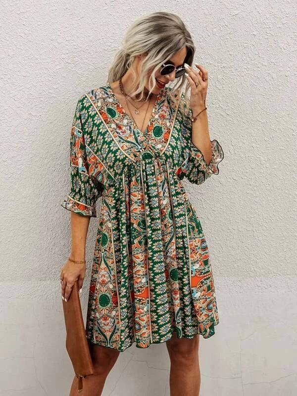 Cross-border Sexy V-neck Waist Trimming Printing Dress-3