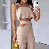 Cross-border Solid Color Sling Top Casual Hollow-out Trousers Suit-5