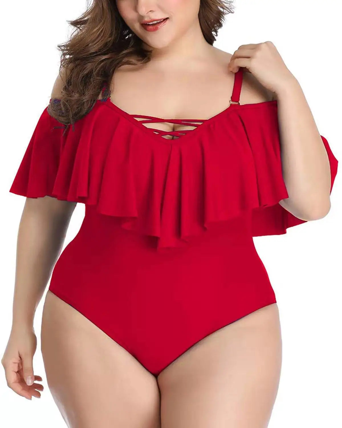 LOVEMI - Cross Solid Color Ruffled Large Size Slim Bikini Swimsuit