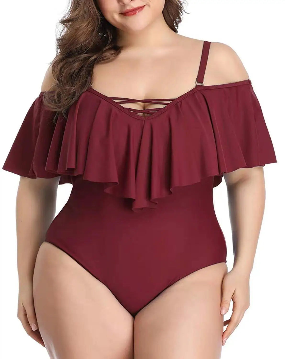 LOVEMI - Cross Solid Color Ruffled Large Size Slim Bikini Swimsuit