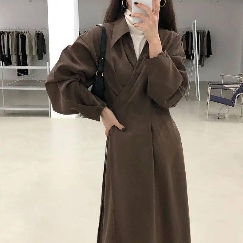 Cross-temperament shirt-style long-sleeved dress-Brown-5