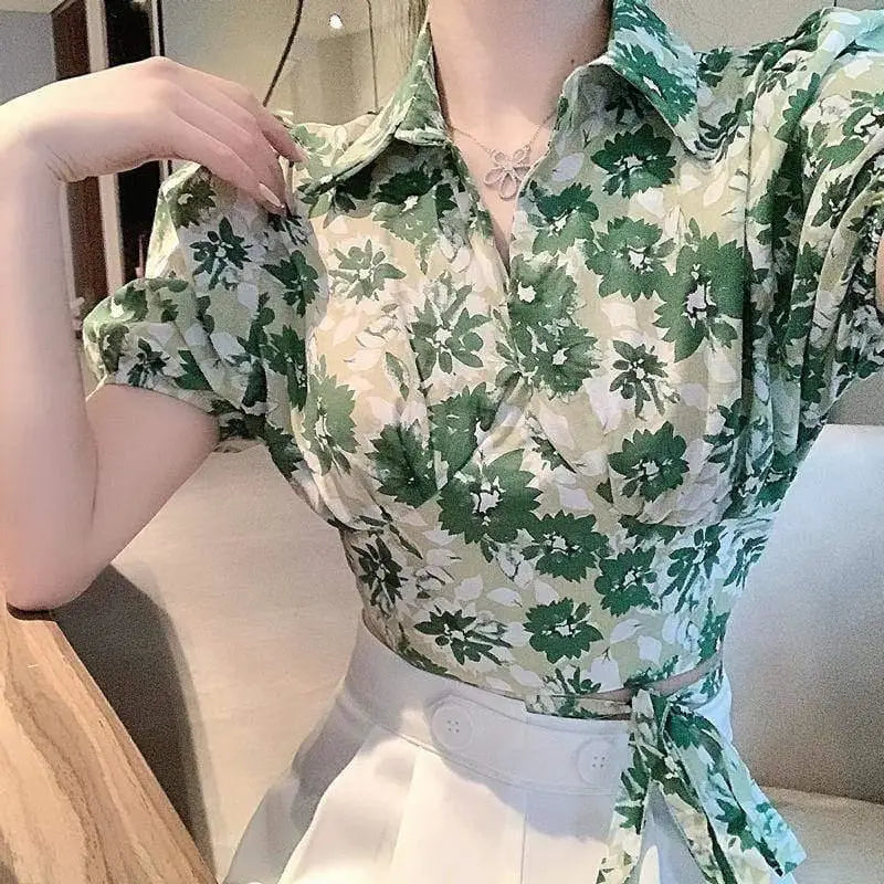 LOVEMI - Cross Tie Green Retro Flowers Short Puff Sleeve Shirt
