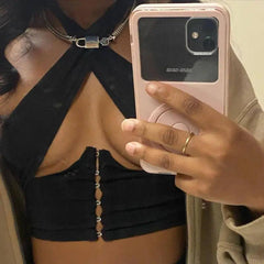 Cryptographic Breasted Sexy Halter Wrap Crop Tops Women-3