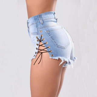 LOVEMI - Cutoff Side Lacing Jeans Shorts
