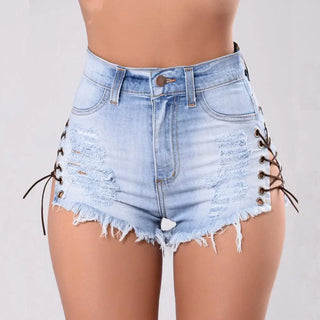 LOVEMI - Cutoff Side Lacing Jeans Shorts