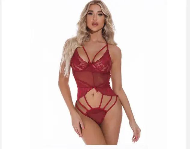 Dark Button Lingerie Lace Stitching Perspective Wrap Chest-WineRed-4