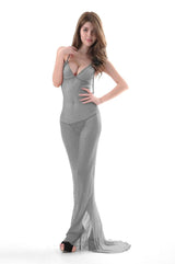 Deep V Beautiful Back Tulle Transparent Long Skirt Sexy-Silver-4