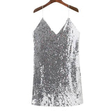 Deep V Neck Autumn Silver Sequined Backless Sexy Dress Women-White-2