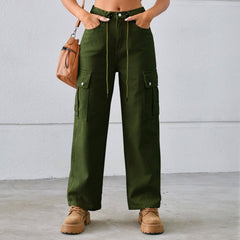Denim Drawstring Adjustable Washed Overalls Casual Women-Army Green-3