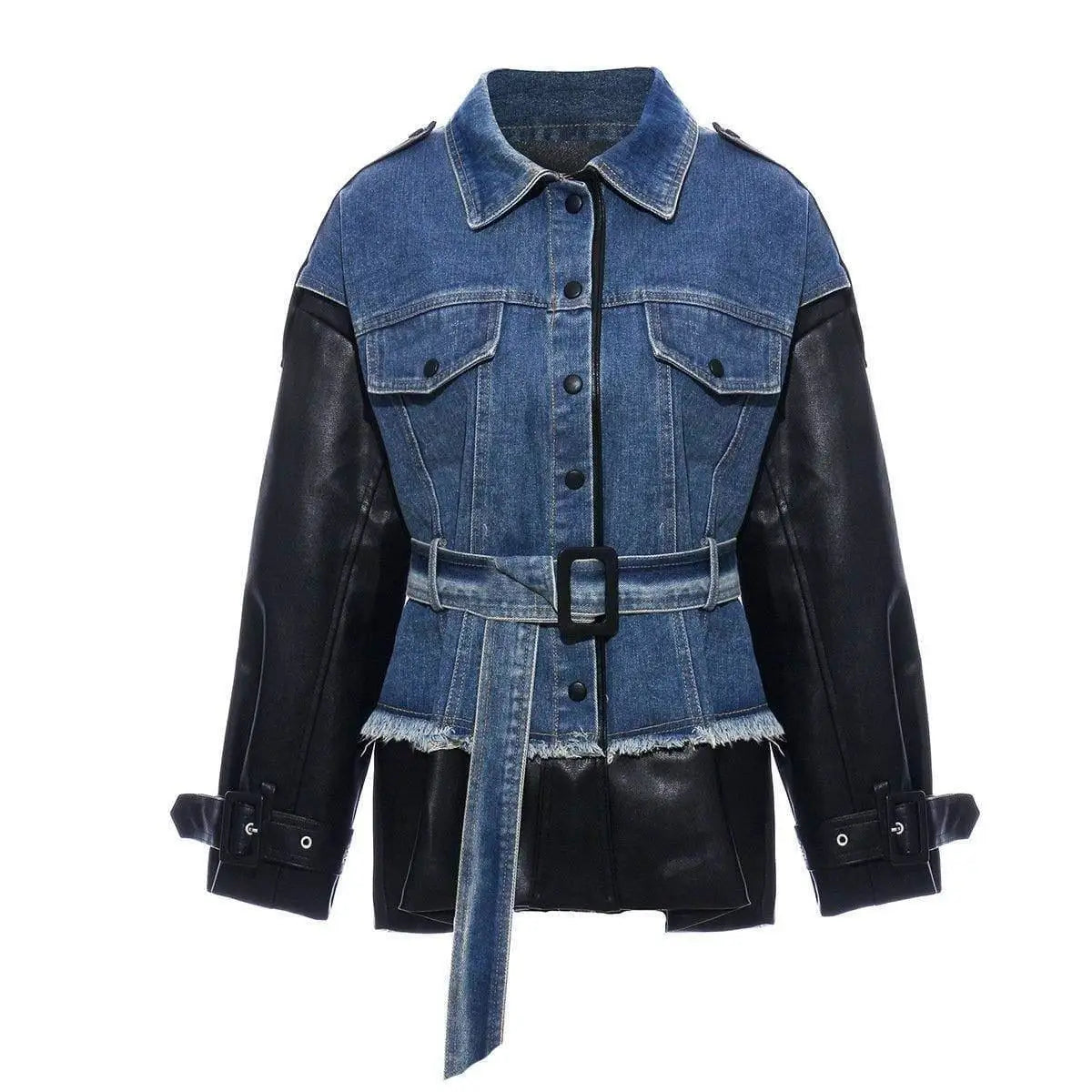 LOVEMI - Denim stitching leather jacket