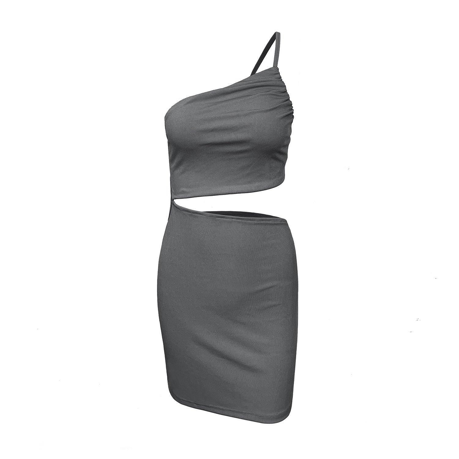 Design Sense Niche Shoulder Drawstring Dress Women-6191 Gray-12