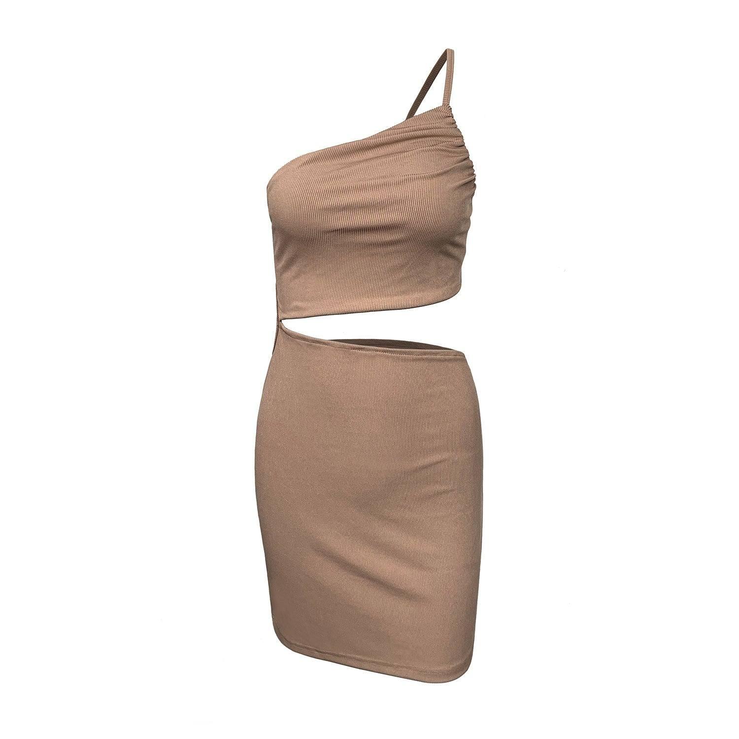 Design Sense Niche Shoulder Drawstring Dress Women-6191 Brown-3