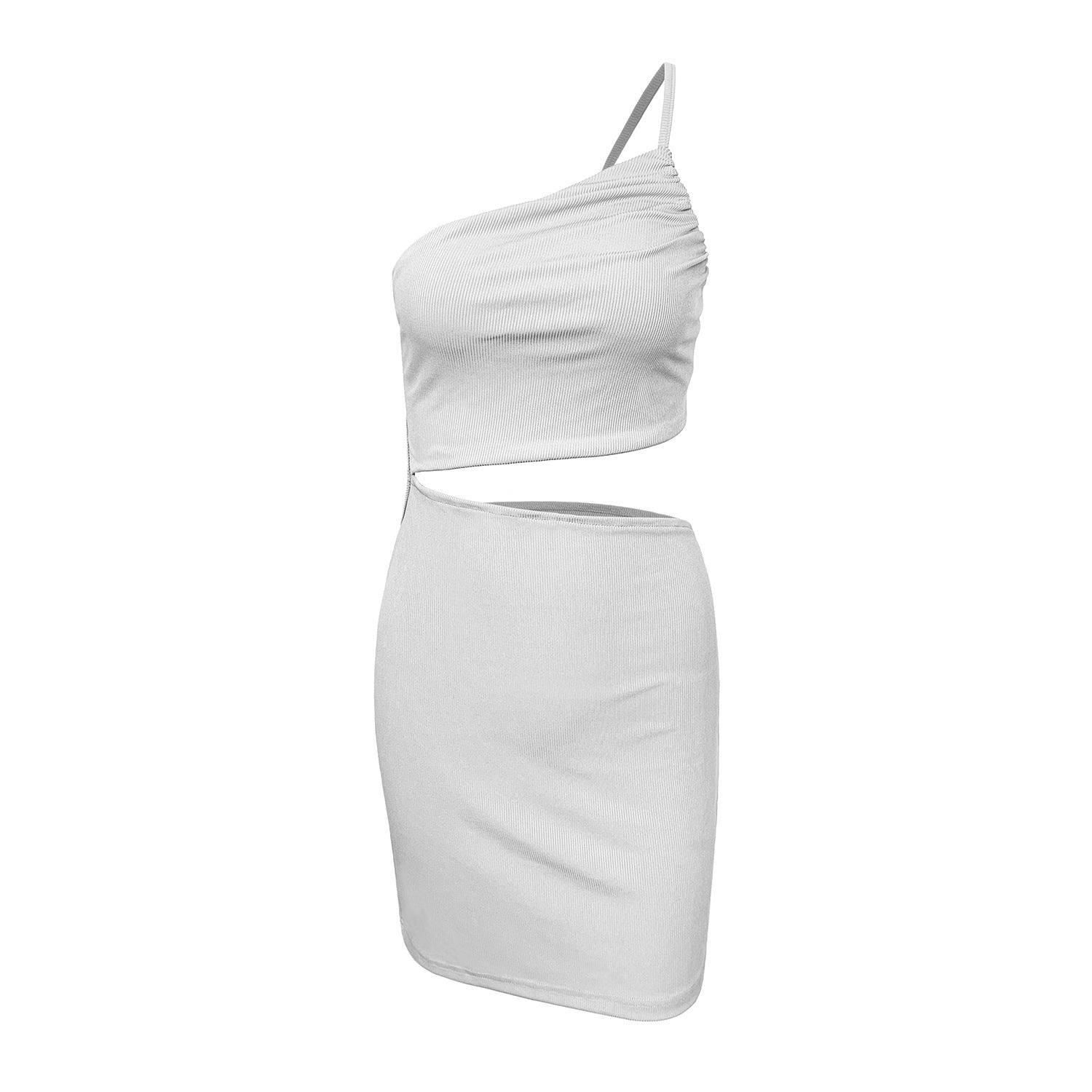 Design Sense Niche Shoulder Drawstring Dress Women-6191 White-4