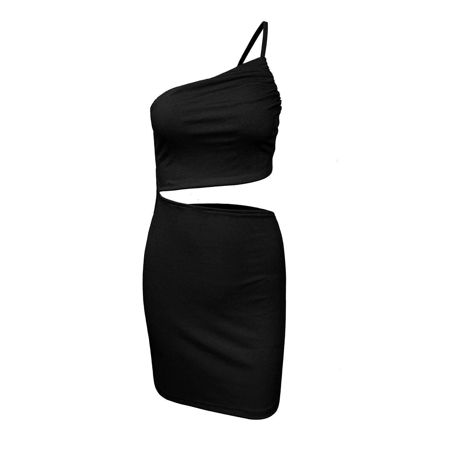 Design Sense Niche Shoulder Drawstring Dress Women-6191 Black-5