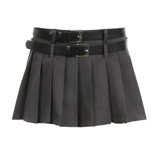Double Waistband Pleated Short Skirt With Lining - Gray / S