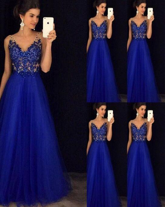 Dress Backless Beaded Ball Elegant Long Dress Blue Chiffon-3