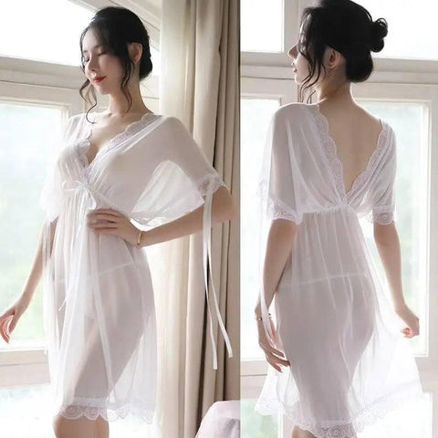 Dress Sleepwear Nightgown Night Wear Summer Sexy Lingerie-White-2