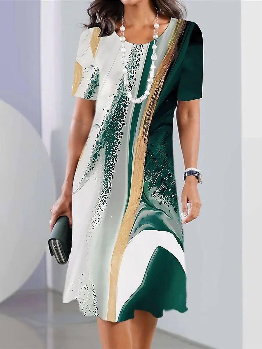 Dresses Vintage Textured Print Short Sleeve-Green-3