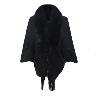 Drizzling Fur Collar Knitted Tassel Cape Coat Women - Black