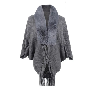 Drizzling Fur Collar Knitted Tassel Cape Coat Women - Gray /