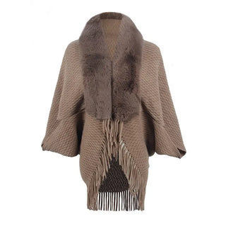 Drizzling Fur Collar Knitted Tassel Cape Coat Women - Khaki