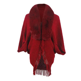 Drizzling Fur Collar Knitted Tassel Cape Coat Women - Red /