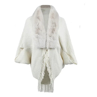 Drizzling Fur Collar Knitted Tassel Cape Coat Women - White