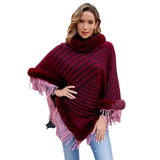 Drizzling Fur Collar Pullover Tassel Knitted Cape For Women-2